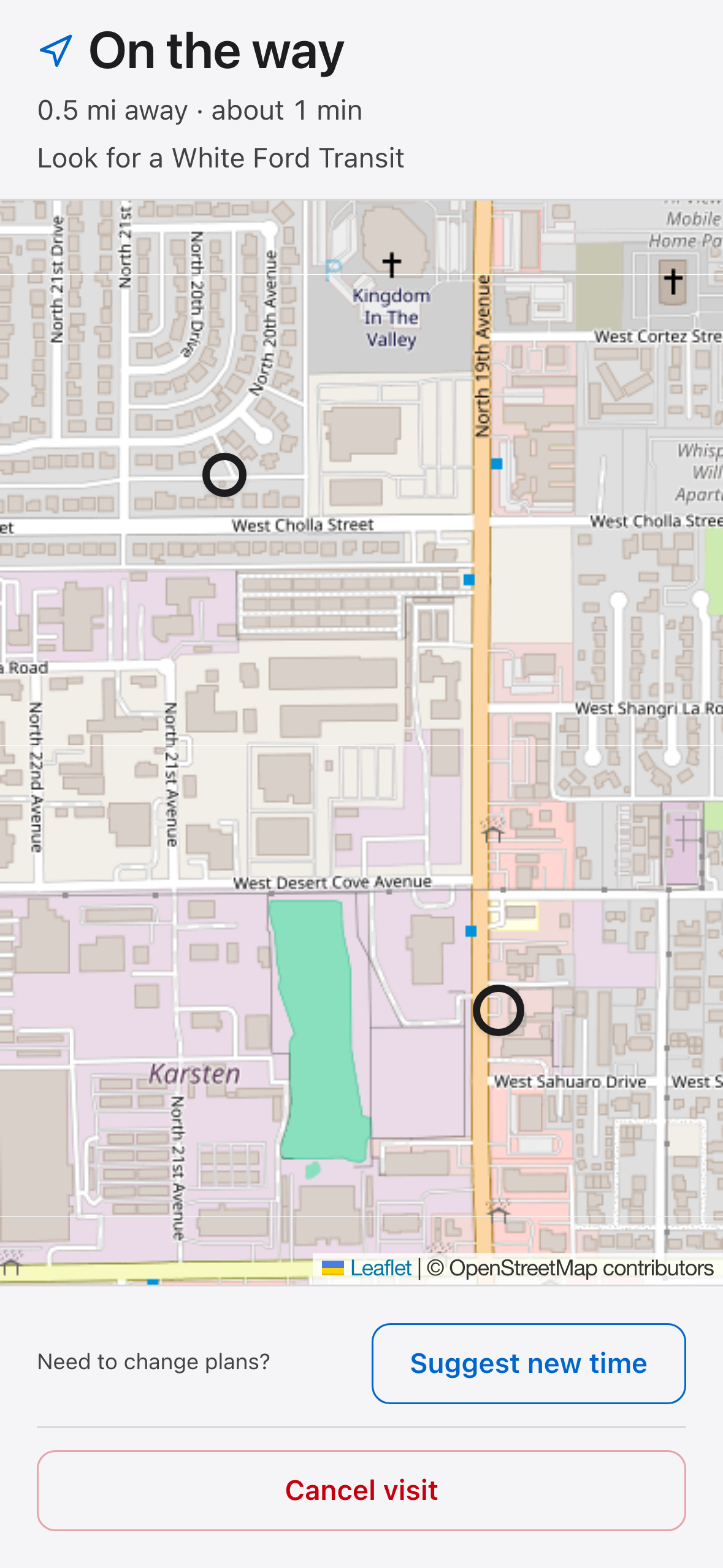 Customer tracking page: live map with the driver approaching and an arrival estimate